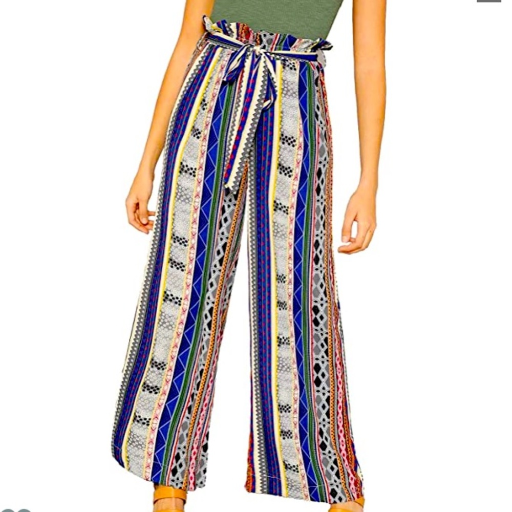 Floerns Frilled Waist Striped Print Pants XS